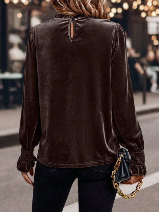 Chocolate Brown Casual Women's Ruffle Trim Round Neck Long Sleeve Shirt - Picture 2 of 6